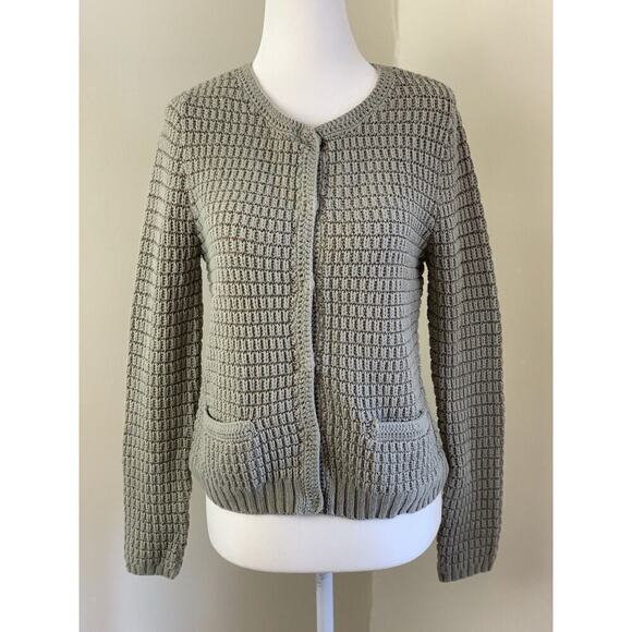 Rosemunde Chunky Knit Pocket Cardigan Sweater Snap Sage Green Gray Metallic XS S - Picture 1 of 8
